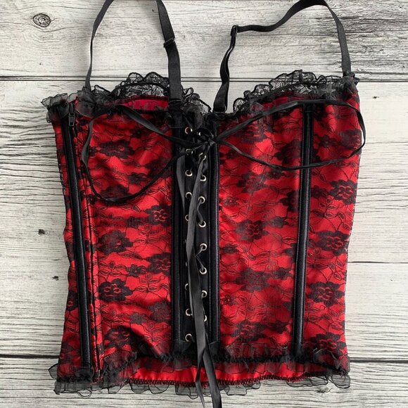 Coquette Corset Top Red Satin Black Lace Bustier Lingerie - Picture 2 of 8